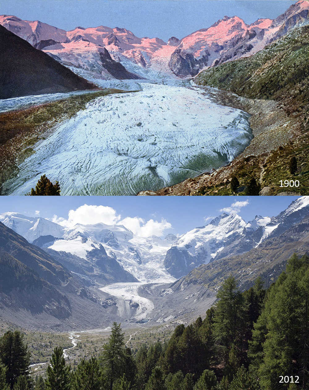 A comparison of pictures of the Morteratsch Glacier from 1900 to 2012 